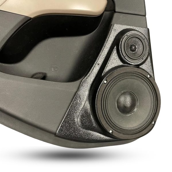 left ortho Speaker Upgrade for the Rear Door of your 2014-2023 Jeep Cherokee. Easy installation of a 8" and 3.5" Super Tweeter for the most powerful car stereo possible.