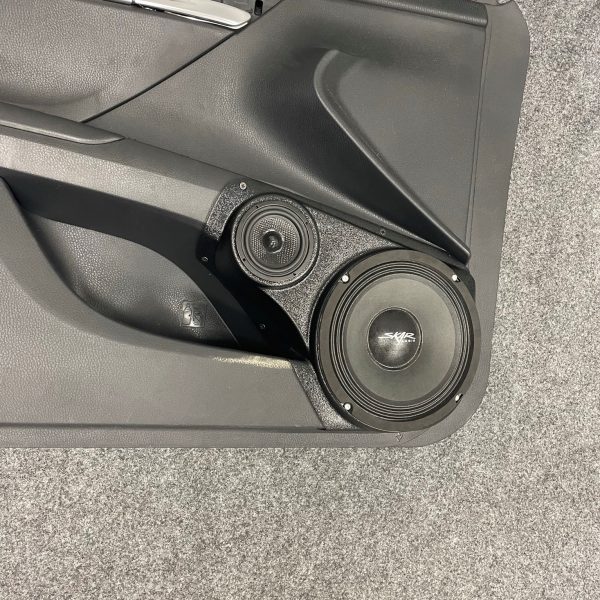 left ortho Speaker Upgrade for the Front Door of your 2018-2024 Toyota Camry. Easy installation of a 8" and 3.5" Super Tweeter for the most powerful car stereo possible.