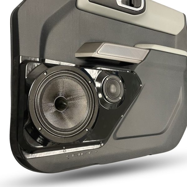 Front Door Custom Speaker Pods for the 2021-2023 Ford Bronco to hold 8.0 in and 3.5 in speakers for car audio installation upgrade