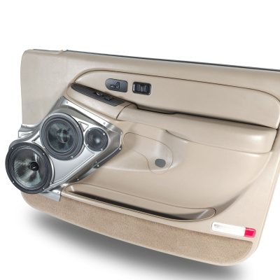 Front Door Custom Speaker Pods for the 2000-2006 Cadillac Escalade Chevrolet Avalanche Silverado Tahoe Suburban GMC Sierra Yukon to hold 8.0 in and 6.5 in and 3.5 in speakers for car audio installation upgrade