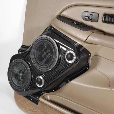 Front Door Custom Speaker Pods for the 2000-2006 Cadillac Escalade Chevrolet Avalanche Silverado Tahoe Suburban GMC Sierra Yukon to hold Dual 6.5 in and Dual 2.0 in  speakers for car audio installation upgrade