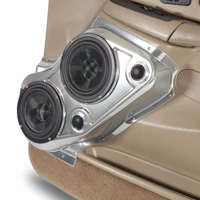 Front Door Custom Speaker Pods for the 2000-2006 Cadillac Escalade Chevrolet Avalanche Silverado Tahoe Suburban GMC Sierra Yukon to hold Dual 6.5 in and Dual 2.0 in  speakers for car audio installation upgrade
