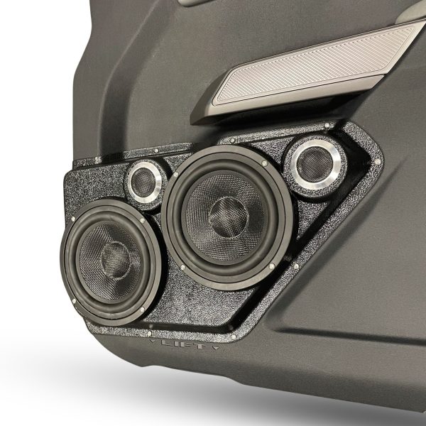Front Door Custom Speaker Pods for the 2021-2023 Ford Bronco to hold Dual 6.5 in and Dual 2.0 in speakers for car audio installation upgrade