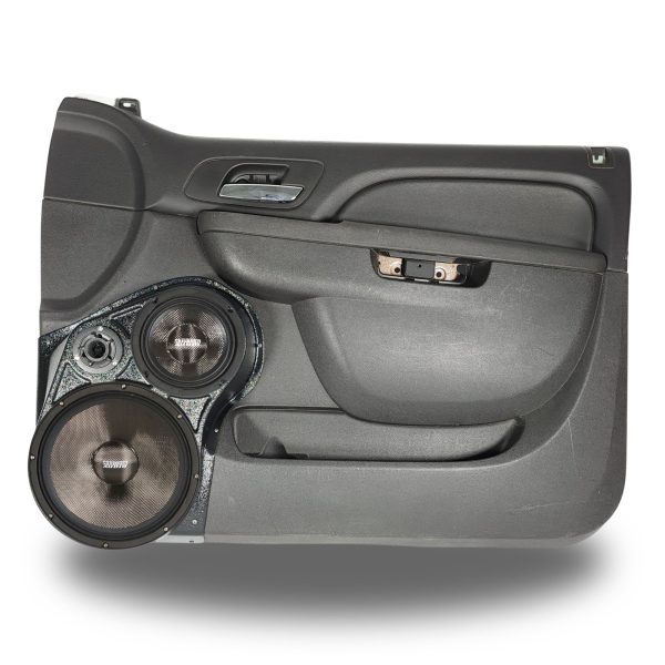 top center Speaker Upgrade for the Front Door of your 2010-2014 Chevrolet Tahoe, Suburban, Avalanche, Silverado. GMC Yukon, Sierra. Cadillac Escalade. Easy installation of a 10", 6.5" and 3.5" Super Tweeter for the most powerful car stereo possible.