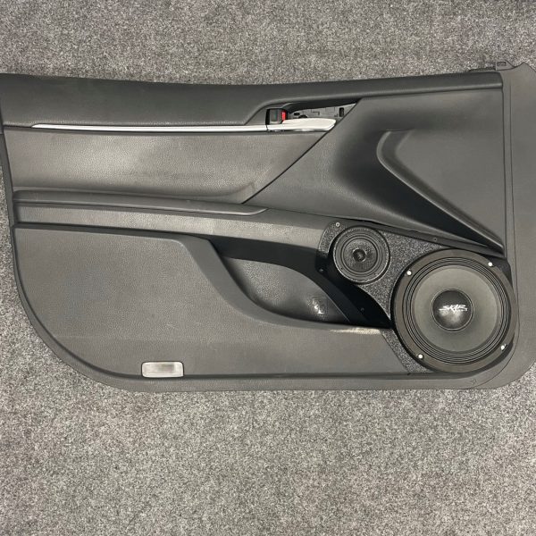 top center Speaker Upgrade for the Front Door of your 2018-2024 Toyota Camry. Easy installation of a 8" and 3.5" Super Tweeter for the most powerful car stereo possible.