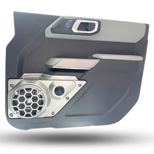 Front Door Custom Speaker Pods for the 2021-2023 Ford Bronco to hold 6.5 in and 2.0 in speakers for car audio installation upgrade